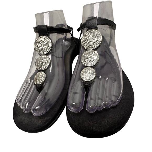 Vionic Lizbeth 7.5 Black Nappa Leather Slide Medalion T Strap Slingback Sandals - Picture 1 of 16